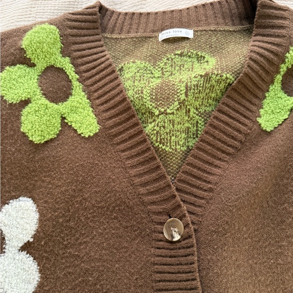 Brown Floral Button-Up Cardigan Sweater - Green & White Flower Appliqués - Picture 2 of 5